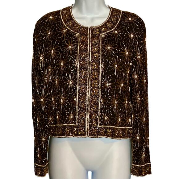 Vintage 90s Papell Boutique Beaded Silk Evening Jacket 4P Black Gold Formal Glam - Picture 2 of 10